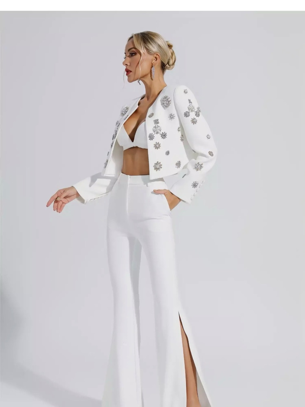 Catchall Cropped Embellished Blazer & High-Waist Wide-Leg Pants Set - White - Picture 3 of 14